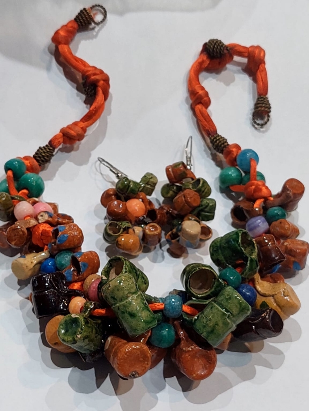 Vintg Mexican Hand Made Folk Art Clay Pottery Mug Cup Tankard Necklace & earring